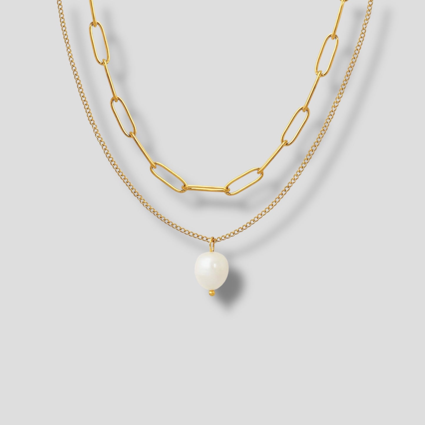 Pearl & Paper Clip Double Chain